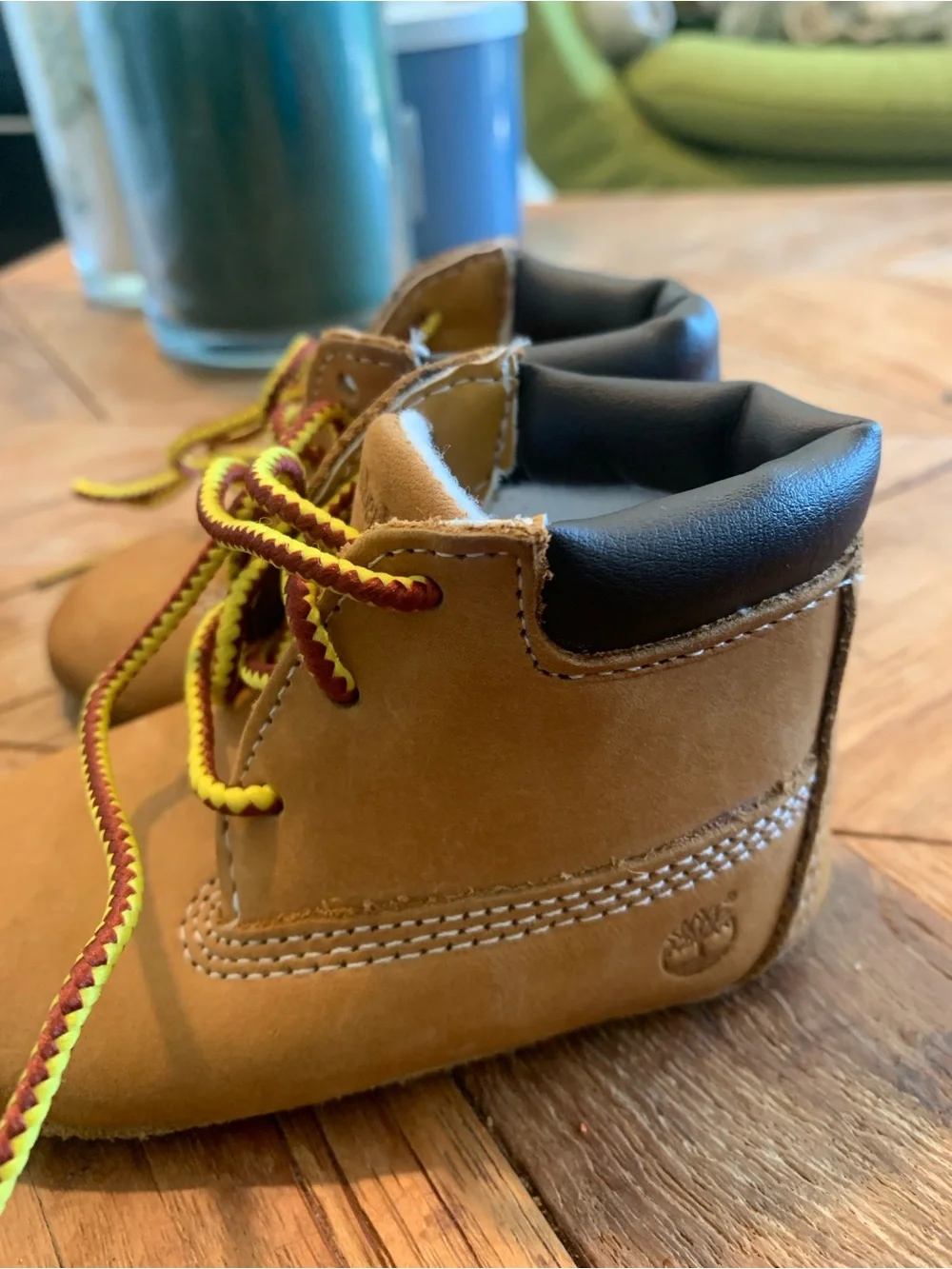 Timberland Kids Tan Boots with Yellow and Burgundy Two-Tone Laces